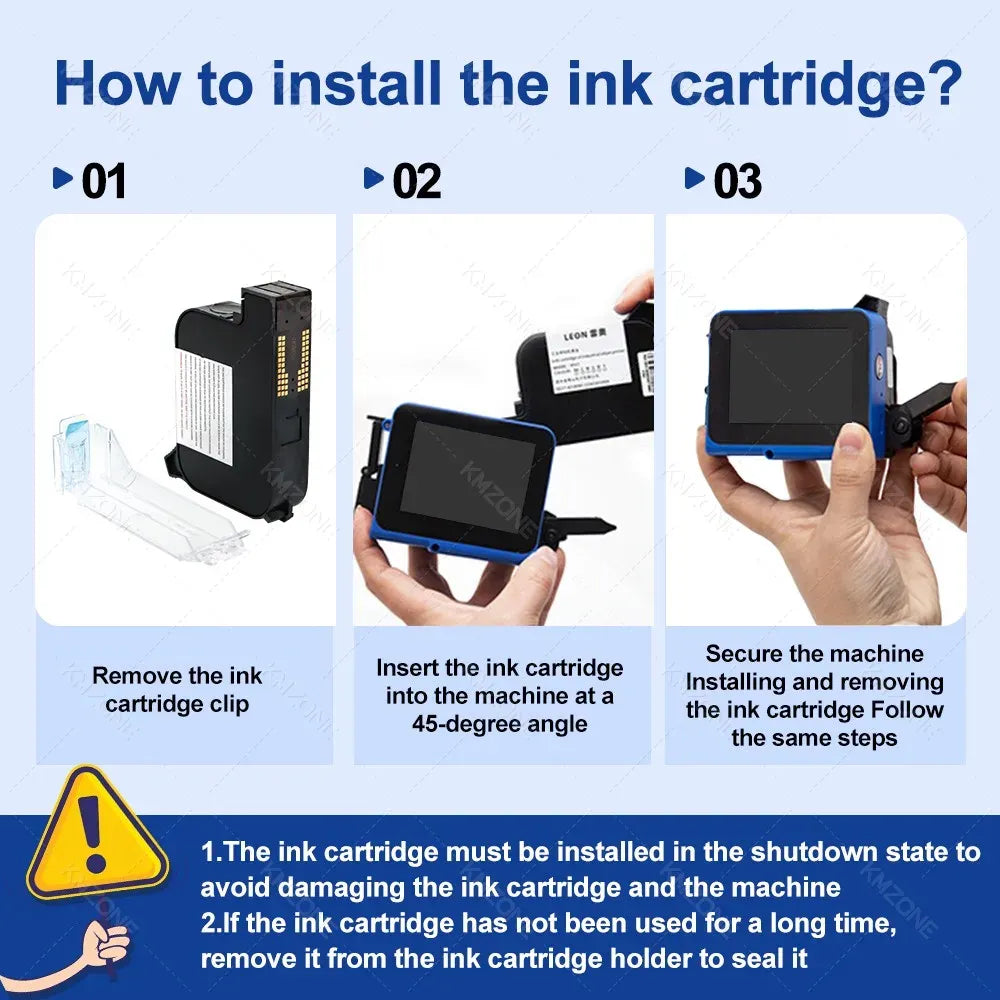 Steps to install an ink cartridge for the handheld inkjet printer, shown with parts
