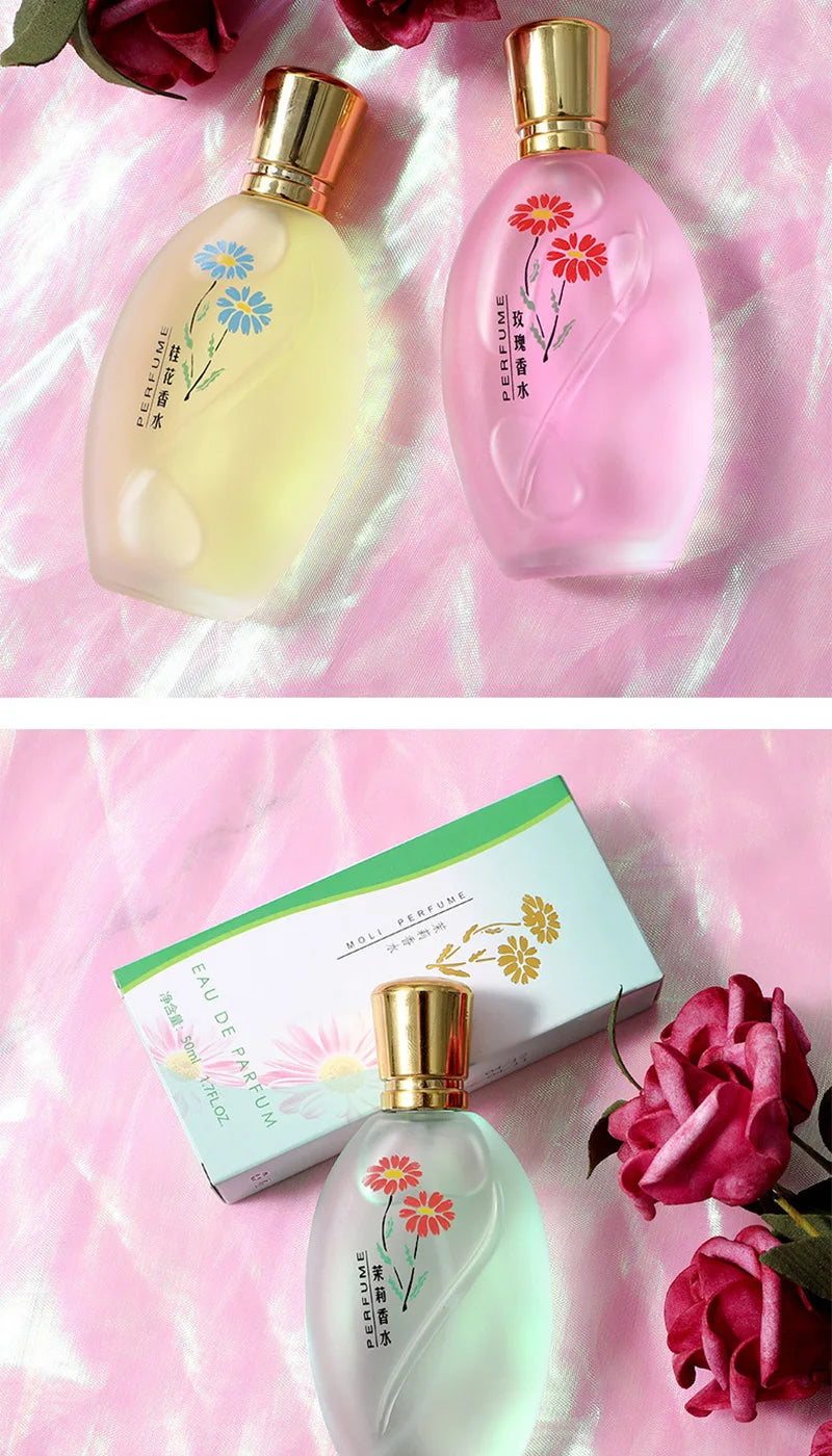 Moli 50ml floral Eau de Parfum for women. Oval frosted glass bottles, osmanthus & gardenia scent, long-lasting gift.