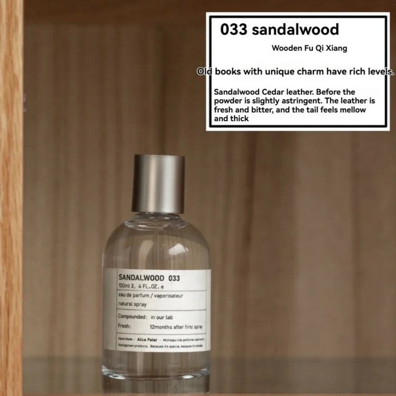 Alice Peter 033 Sandalwood: Unisex EDP perfume in a 100ml clear round bottle with sandalwood, cedar, and leather notes.