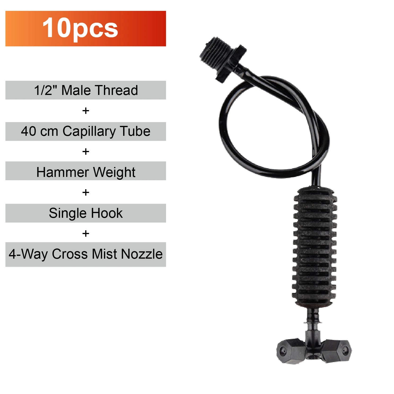 Hanging misting nozzle with black ribbed cylinder, hose line, and cross-style outlet fittings