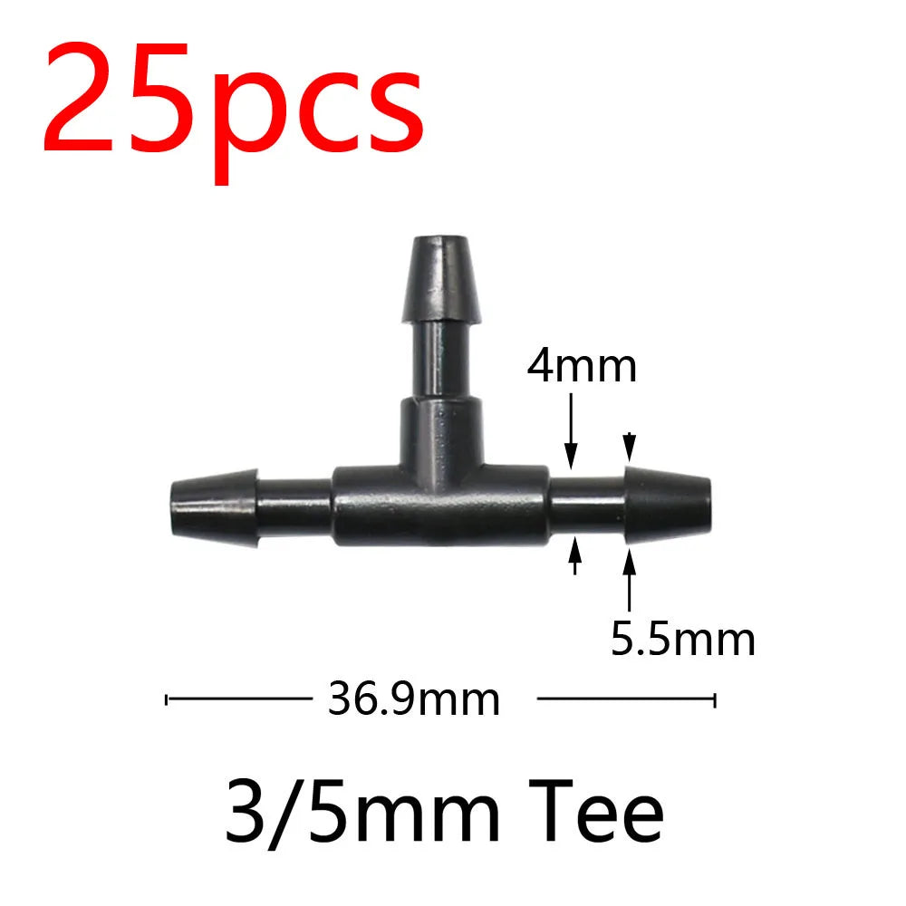 Black barbed 3/5 mm hose tee connector for drip irrigation, three-way split