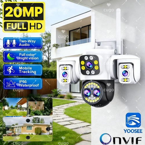 White triple WiFi security cameras with multiple lenses and two tall antennas