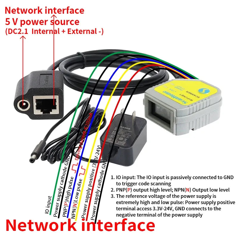 ScanHome barcode scanner network interface with RJ45 port and 5V power leads