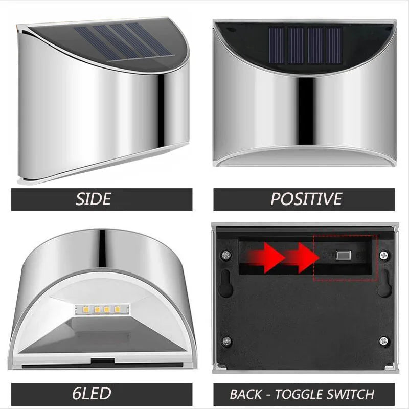 6Pcs Solar Garden Light Stainless Steel Courtyard Wall Lamp Waterproof Outdoor Lighting Emergency Patio Step Garden Fence Street