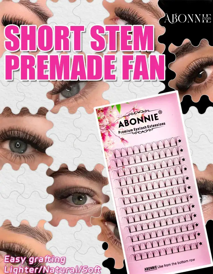 Tray of black short-stem premade eyelash fans for professional application, shown with examples on human eyes.