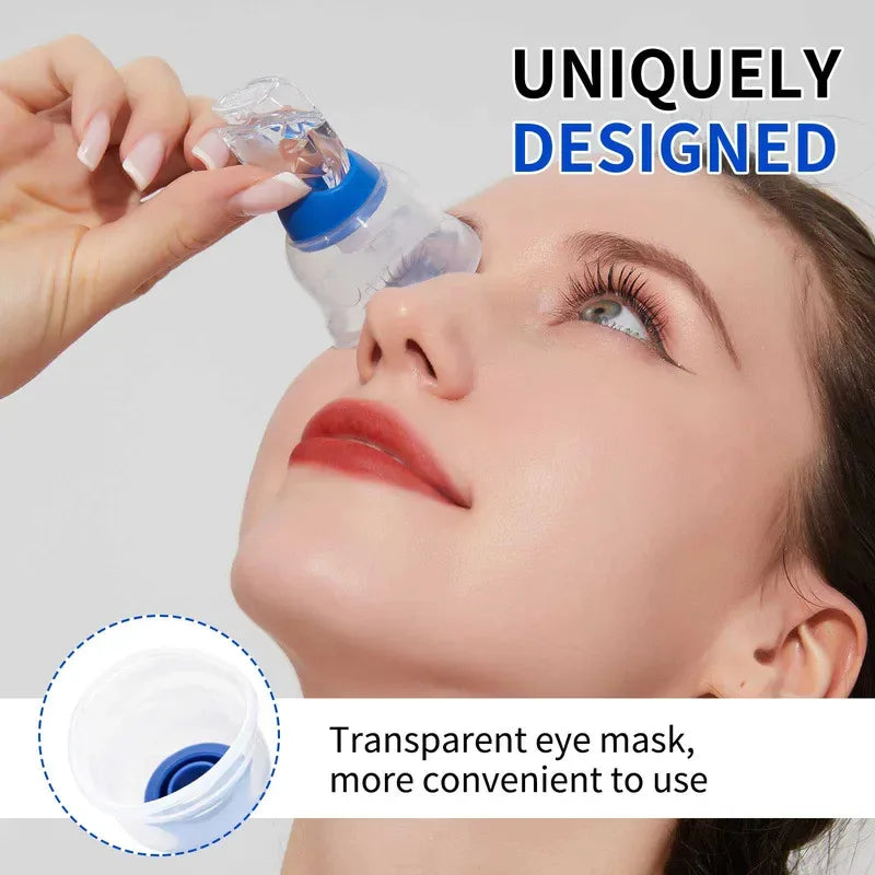Reusable transparent eye drop guide tool with blue cap for easy, precise medication application on a person's eye.