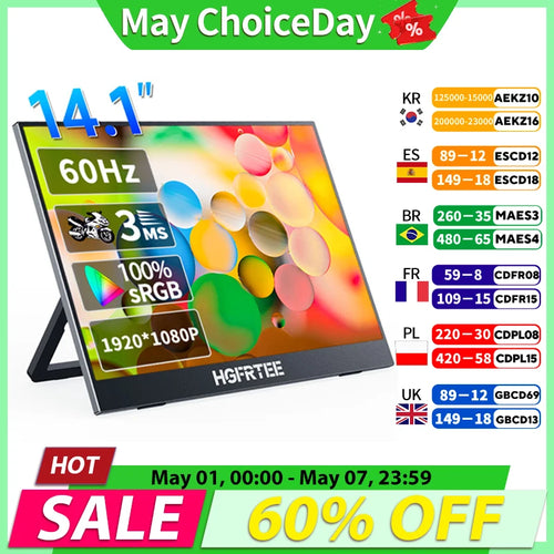 14.1-inch portable monitor with stand, 1080p display, 60Hz, and 3ms response time, shown on sale with country codes.