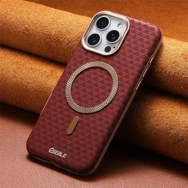 iPhone 16 Pro Max Case Leather Carbon Fiber MagSafe Slim Protective Cover Red Tidesmit
