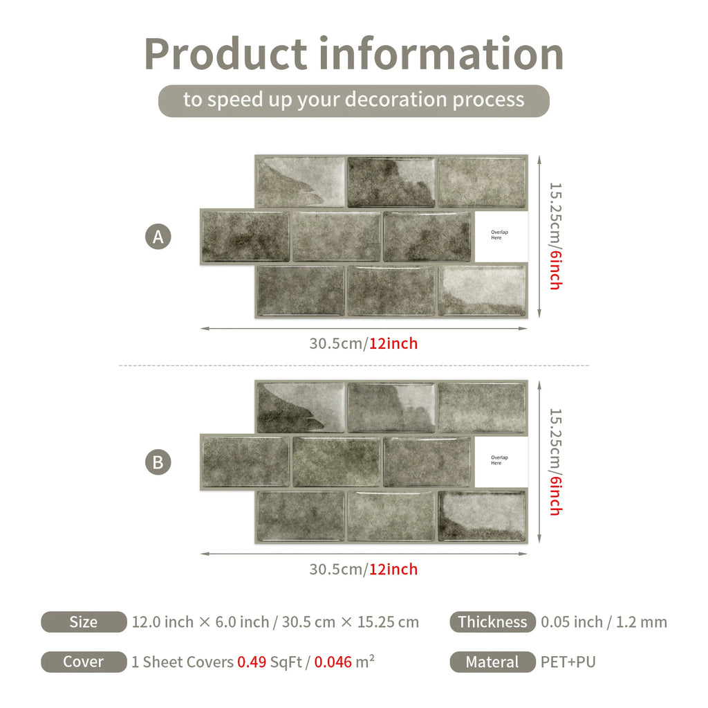 Ceramic tile sticker strip product information card with gray stone texture diagram