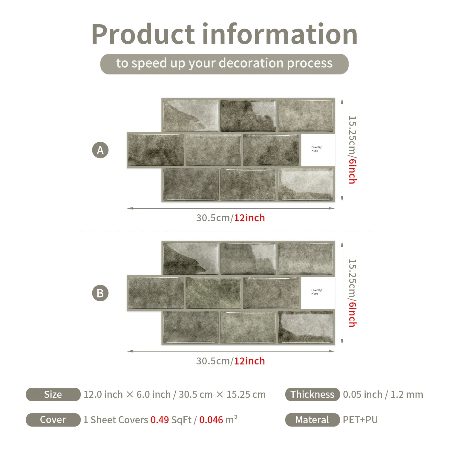 Ceramic tile sticker strip product information card with gray stone texture diagram