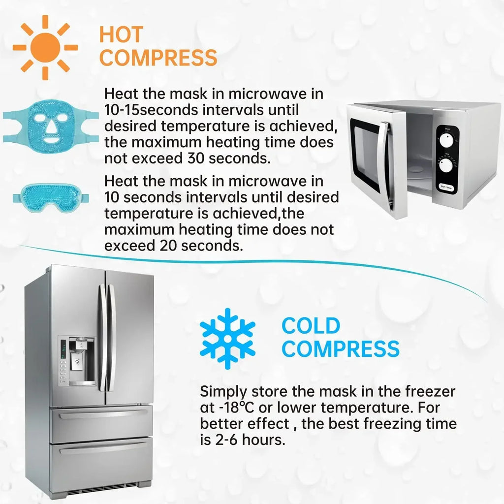 Infographic showing instructions for a blue gel bead face and eye mask using a microwave and freezer.