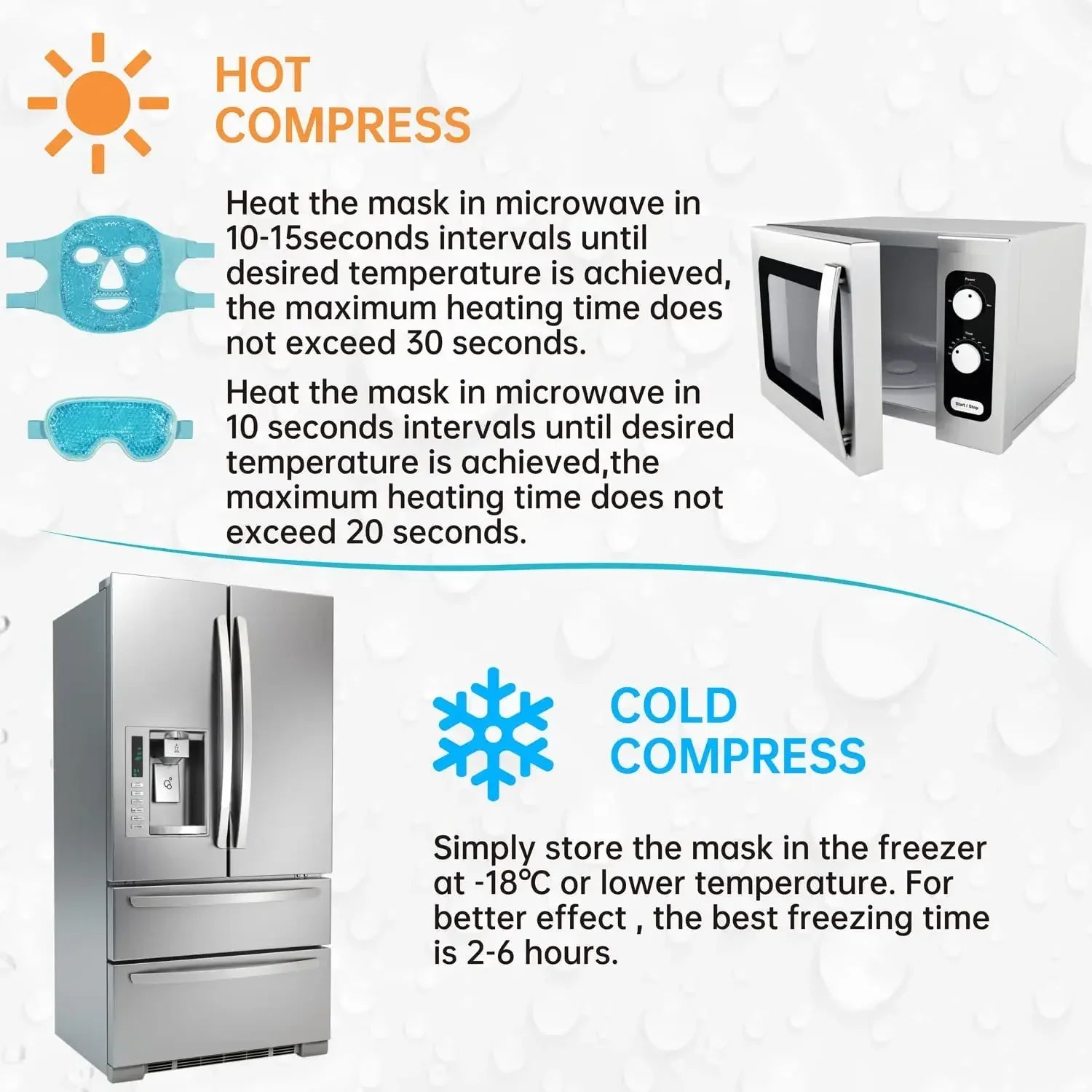 Infographic showing instructions for a blue gel bead face and eye mask using a microwave and freezer.