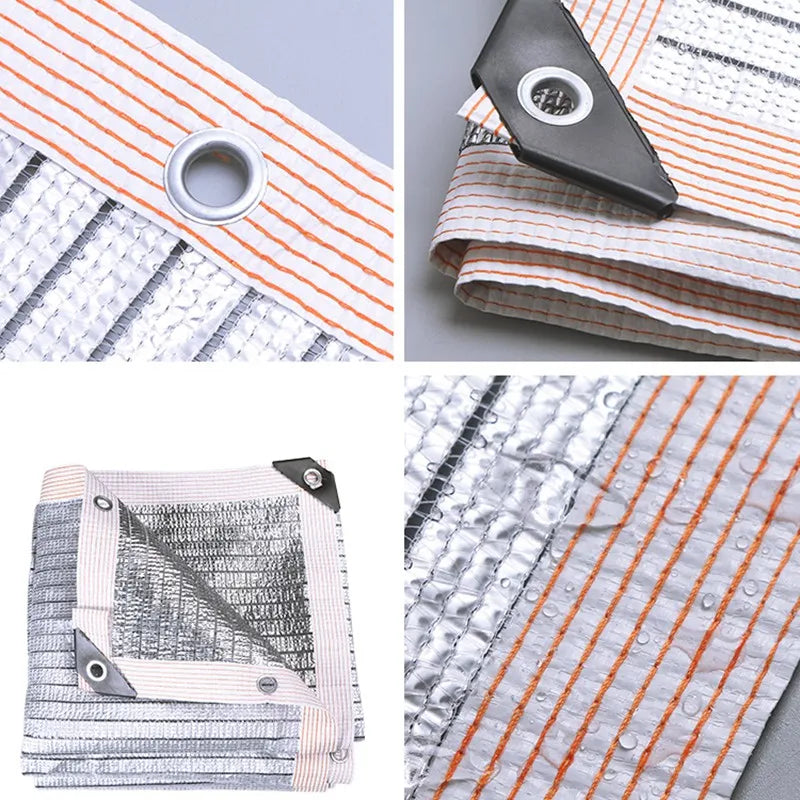 Aluminum foil sunshade mesh with orange stripe and triangular mounting clips