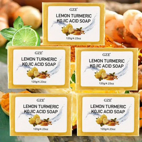 Five yellow GZE turmeric soap bars, 120g each. Anti-inflammatory lemon kojic acid soap for skincare.