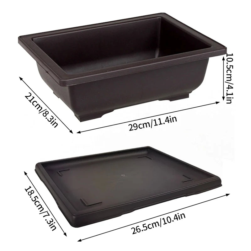 Rectangular bonsai planter pot in dark plastic, open top and matching underside tray