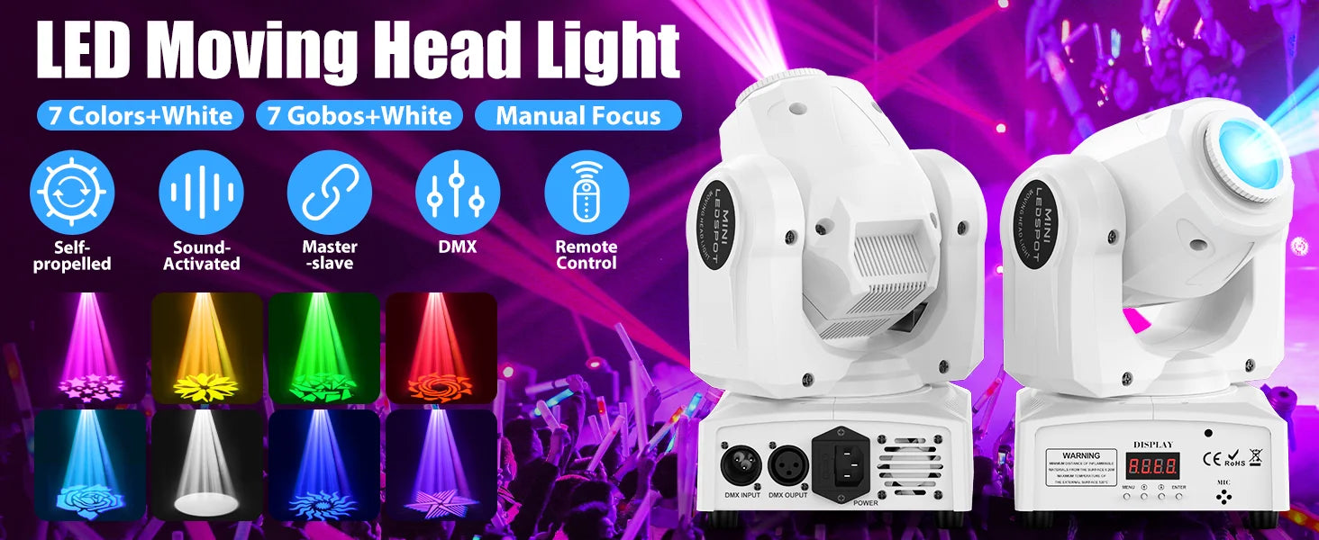 U'King 60W LED Moving Head Light White 4IN1 RGBW LED 7 Gobos Beam Stage Light DMX512 Remote Control for DJ Disco Show Party