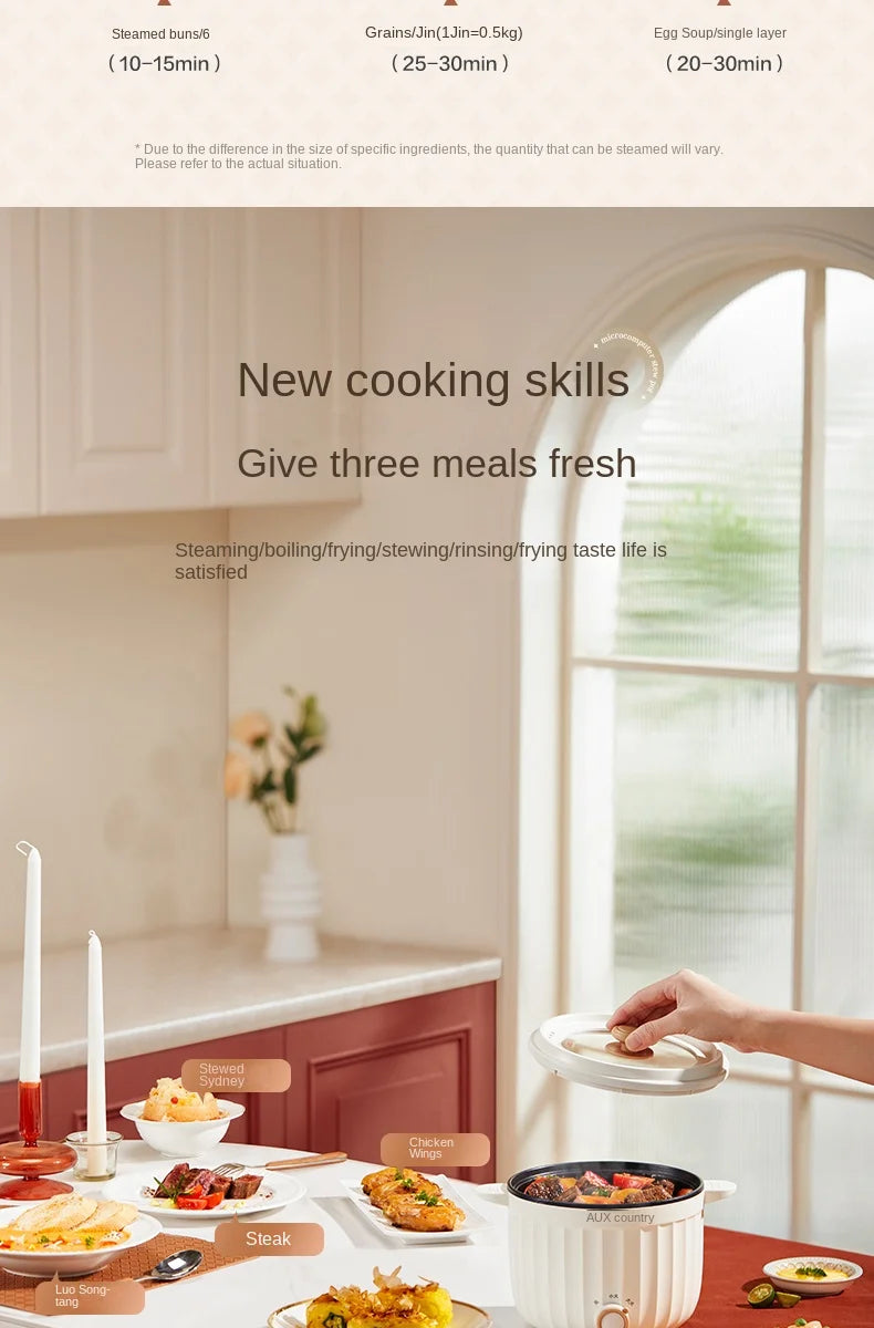 White electric rice cooker on countertop with lid closed and front dial control