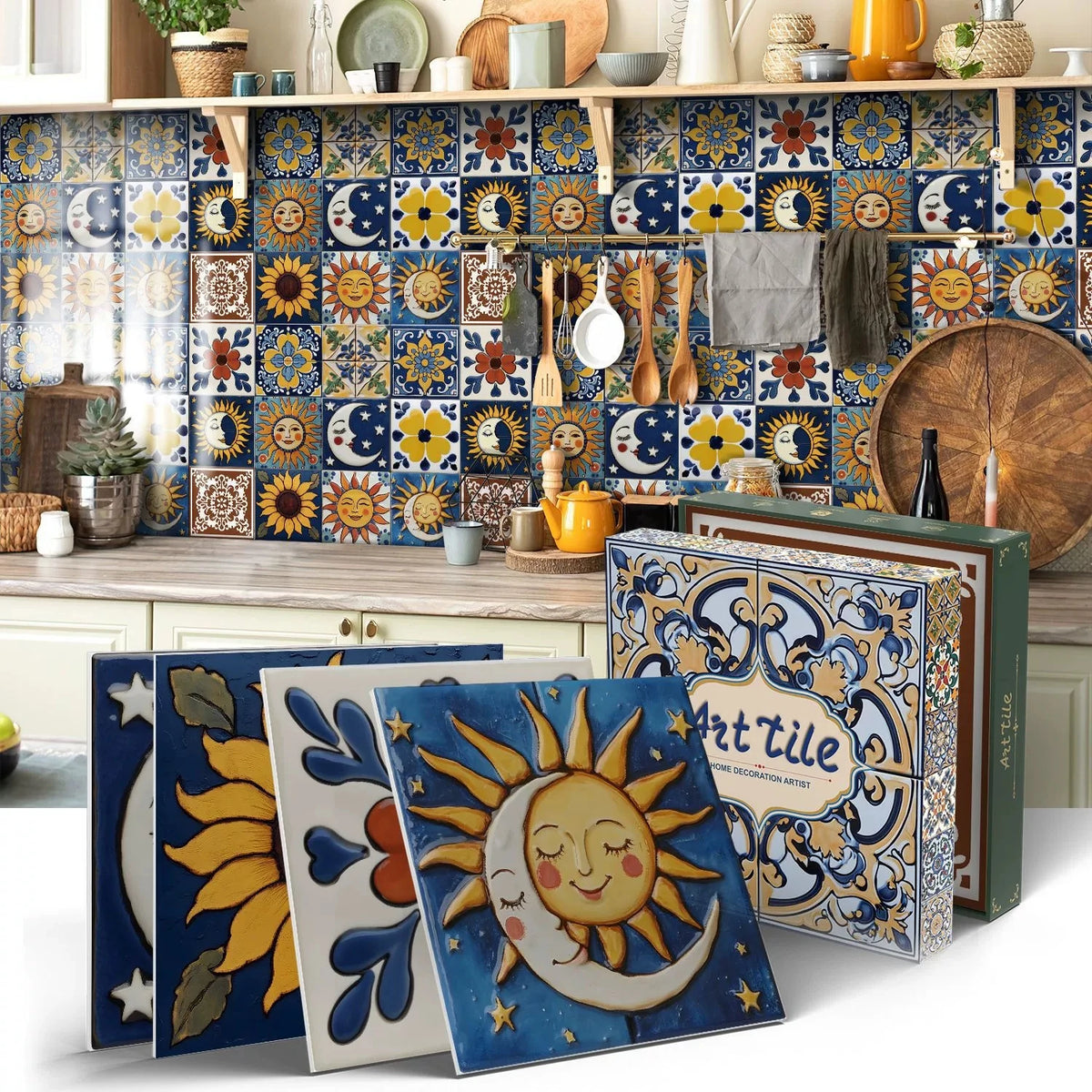 Peel-and-stick mosaic tile sticker sheets with bold blue, yellow, and sun-moon floral designs