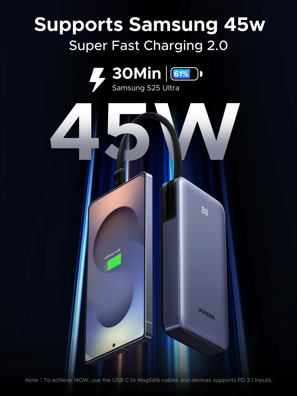 20000mAh Fast Charging Power Bank 45W with Integrated USB-C Cable Tidesmit