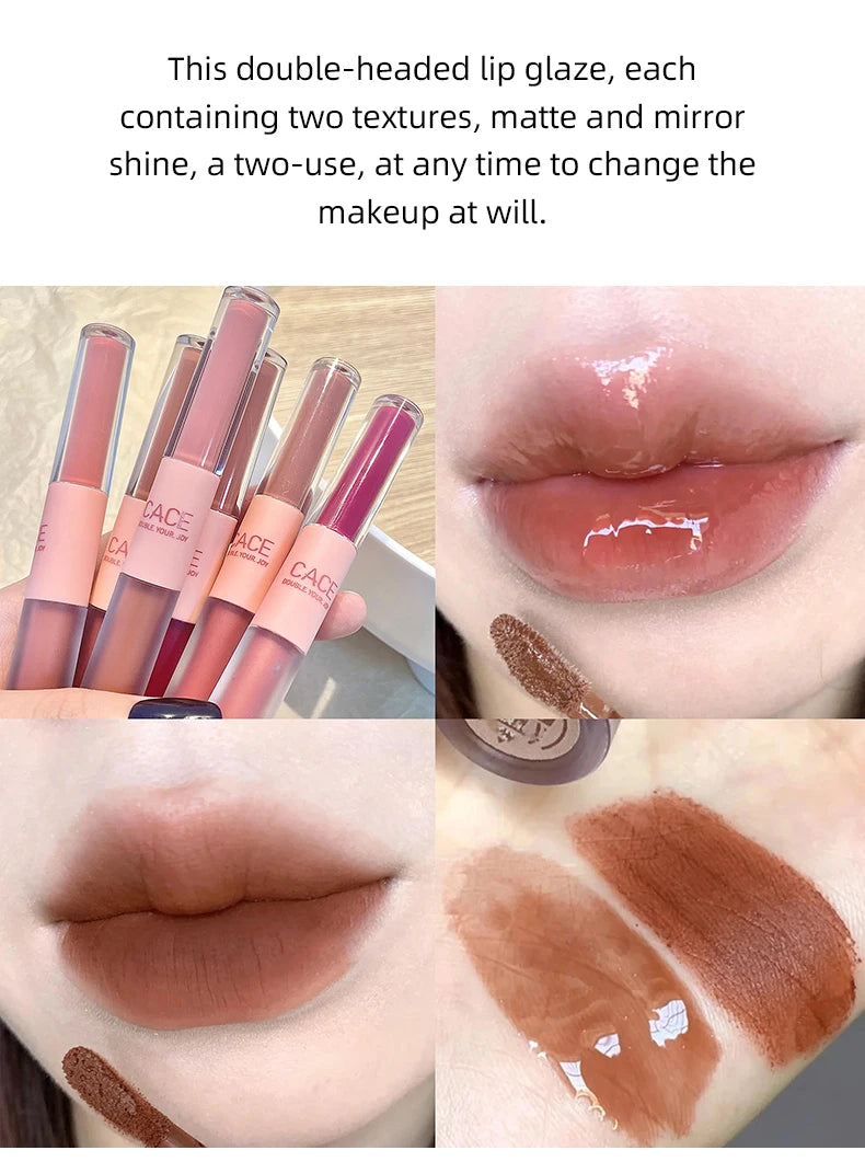 CACE double-head lip glaze featuring matte lipstick and glossy mirror water lip mud in versatile red shades.