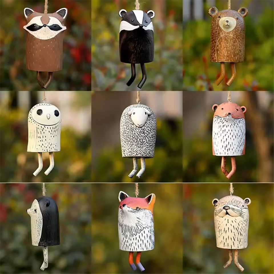 Cute animal resin wind chimes for rustic garden decor. Hand-painted Nordic style pet pendants for outdoor hanging.