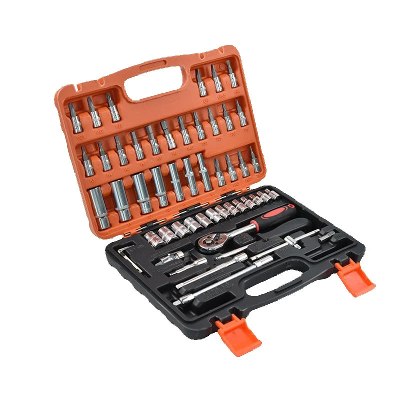 Auto repair tool Kit with ratchet key, ratchet torque spanner, screwdriver tips and hand tools, 53 PCs