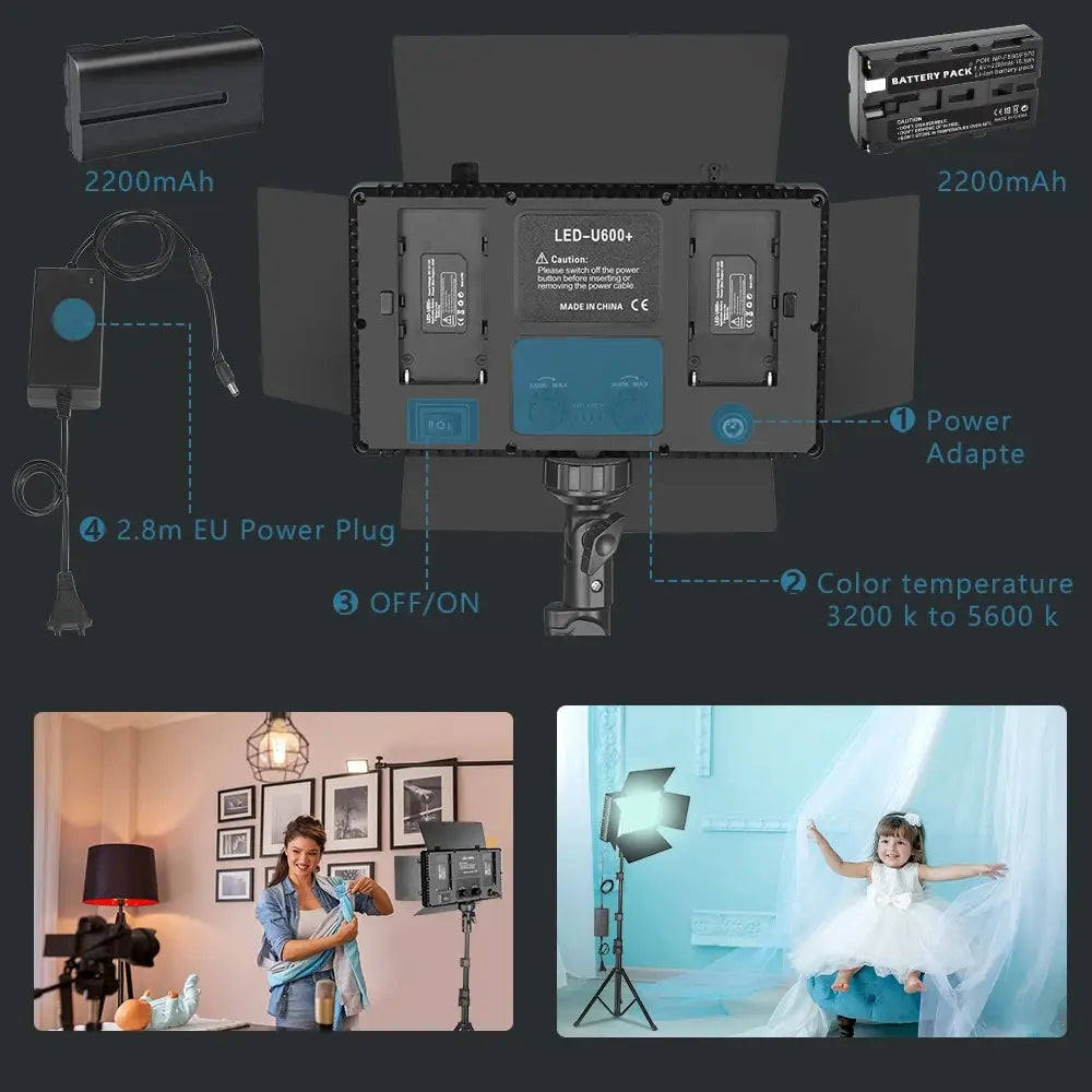 LED-U600+ studio light with adjustable color temperature, power adapter, and two 2200mAh batteries for photography.