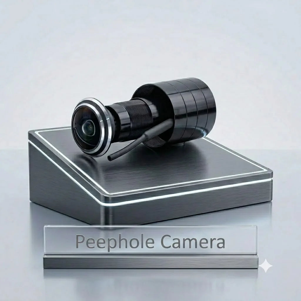 Black peephole video doorbell camera unit on display stand