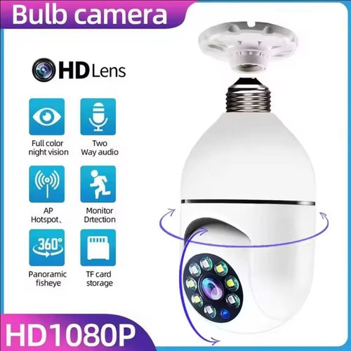 WiFi bulb security camera with built-in HD lens and indicator LEDs, white housing
