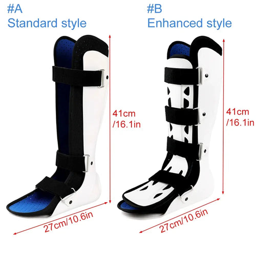 White and black orthopedic leg brace support for foot and ankle pain relief, showing standard and enhanced designs.