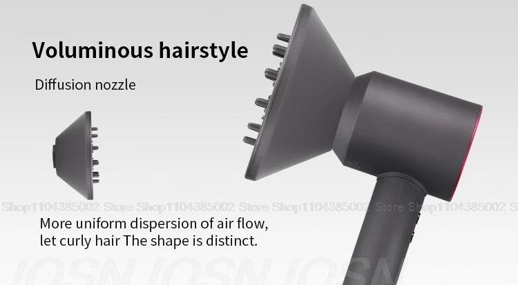 Dark grey leafless hair dryer with diffuser nozzle for voluminous curly hair, professional negative ion styling tool.