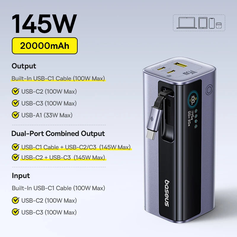 145W Fast Charging Power Bank 20800mAh Portable Laptop Charger 145W GR11 Grey 20000mah Tidesmit