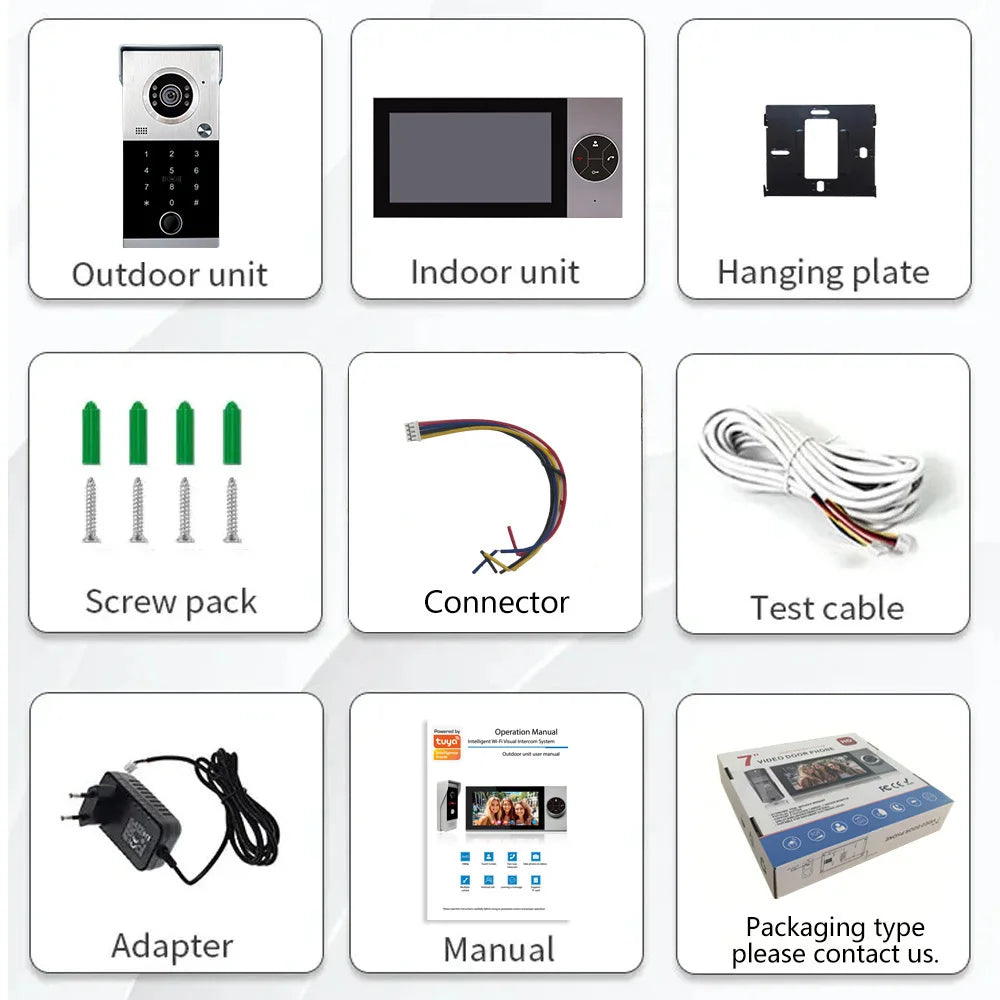 TUYA 1080P 7 Inch Color Touch Screen Wireless Wifi Video Doorbell Smart App Home Intercom Kit for RFID Access Control System
