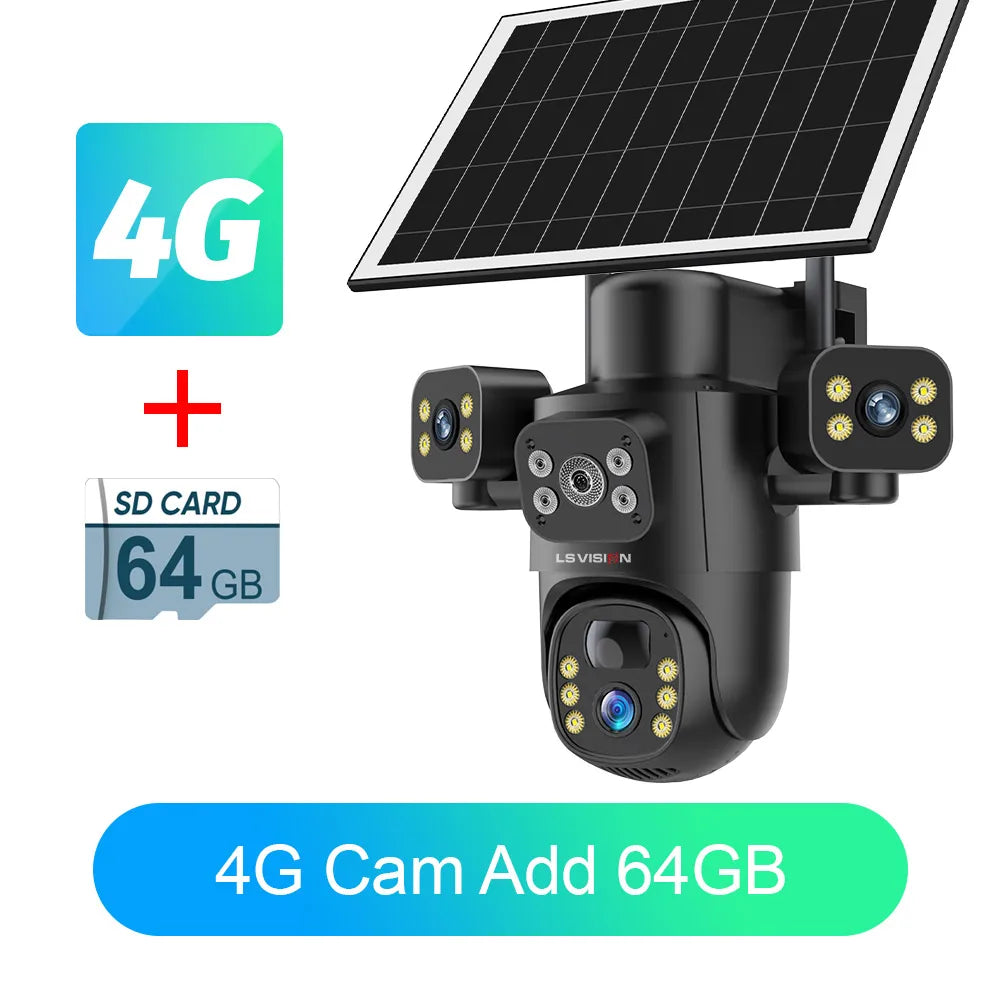 Outdoor solar security camera with solar panel, three lenses, 4G, 64GB SD included