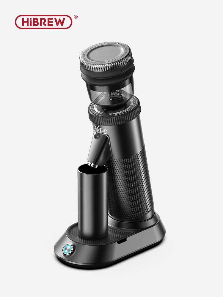 HiBREW matte black electric coffee grinder with adjustable grind settings and metal catch cup for espresso.