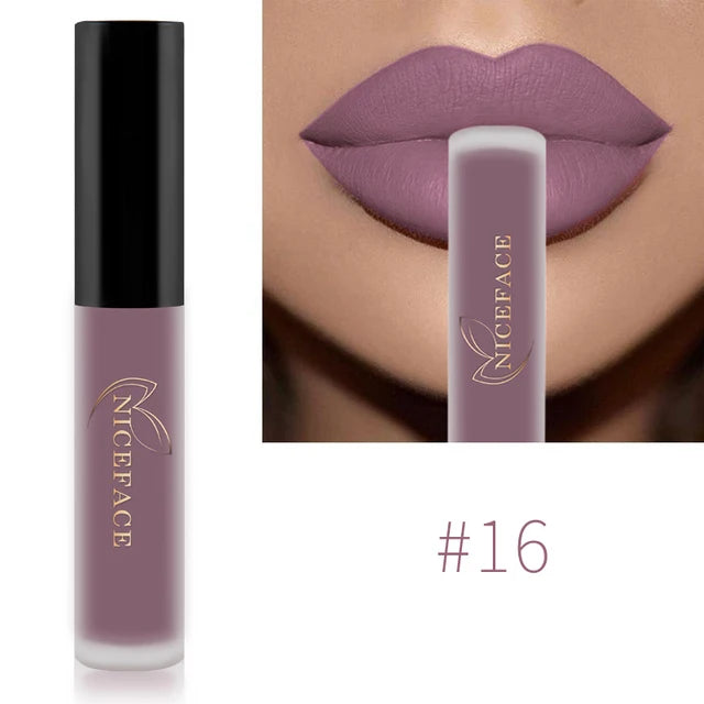Niceface waterproof matte liquid lipstick #16 in a dusty mauve shade, showing a long-lasting velvet finish on lips.
