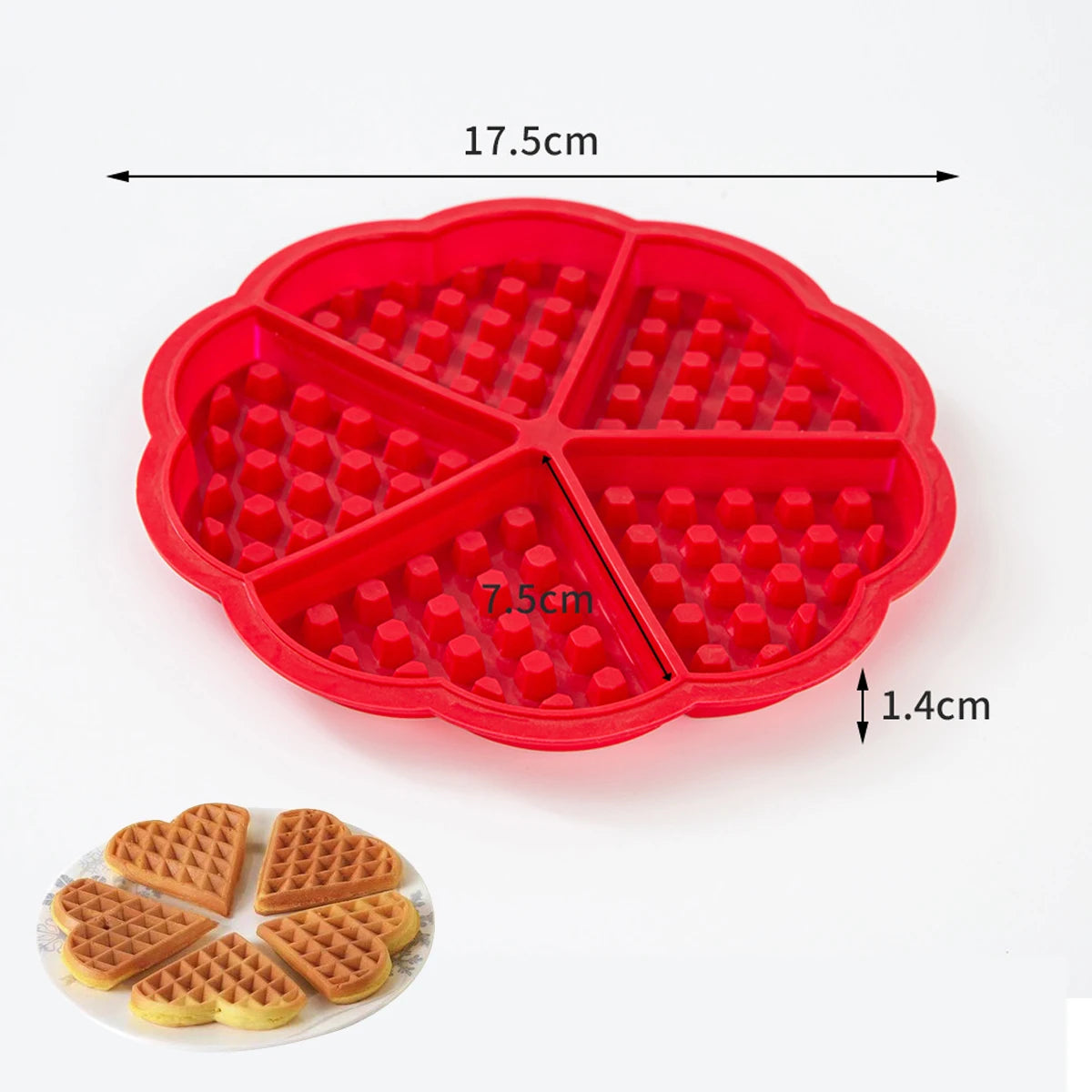 Red silicone waffle mold for air fryer, round 17.5 cm with four sections.