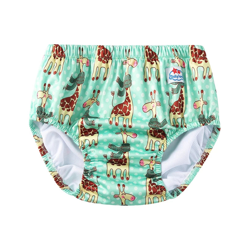 Babyland baby care reusable cloth swim diaper in mint green with cute giraffe scarf print.