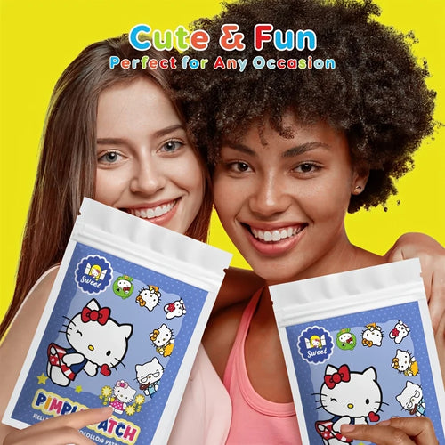 Hydrocolloid acne patch pouches featuring Hello Kitty and colorful character artwork