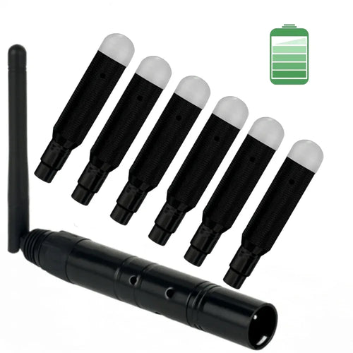 Black wireless DMX receiver set with antenna tips and cylindrical charging base