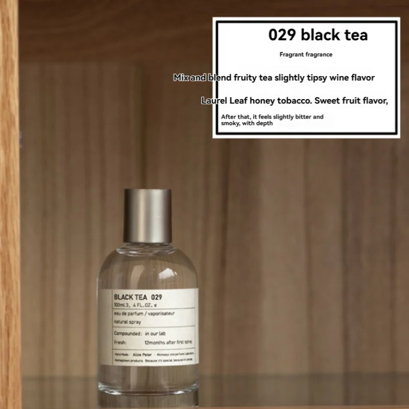 029 Black Tea unisex EDP 100ml: Minimalist glass bottle with black tea, tobacco, and honey notes. Fresh, woody scent.