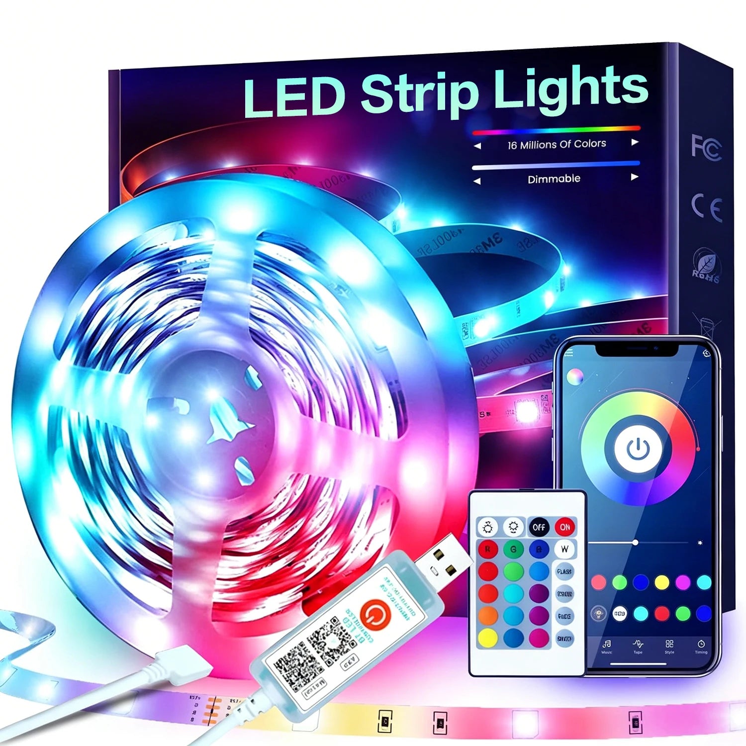 RGB LED Strip Lights, 5V USB Powered LED Tape,  24 Key Remote & APP Control, Music Sync Flexible Ambient Lighting for DIY Living Room, Bedroom,TV Backlight, Game Lighting,Party, Decorative String Lights