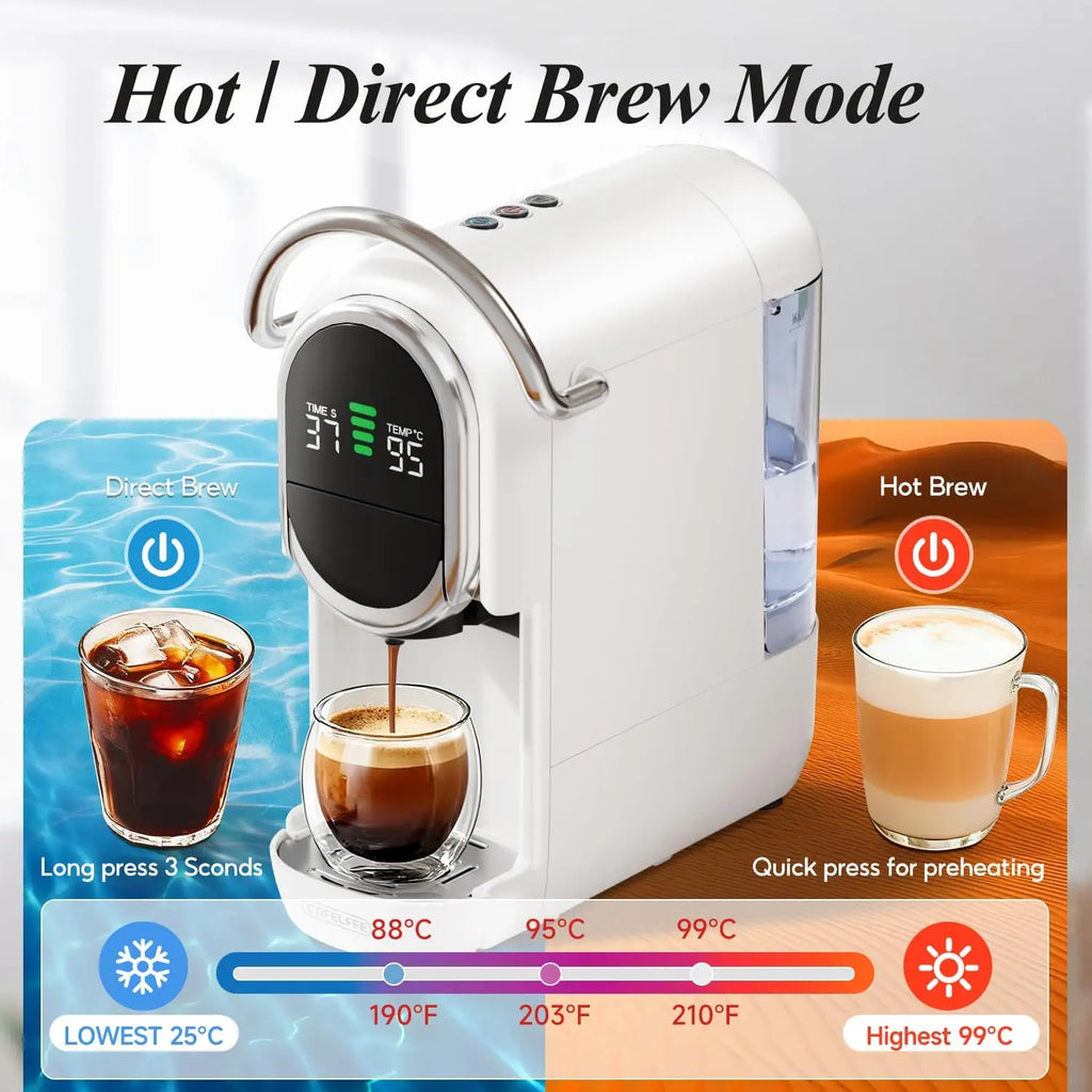 Cofelfee white portable coffee maker with digital temperature display for hot and direct cold brewing modes.