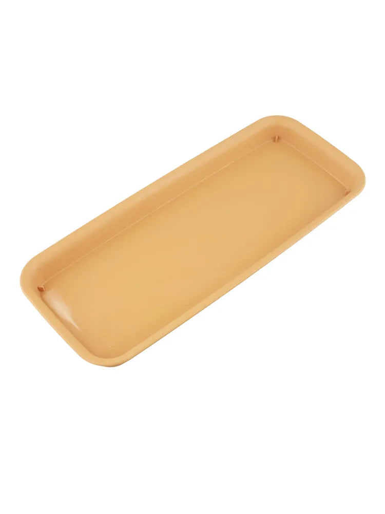 Rectangular beige plastic plant water tray, long side view