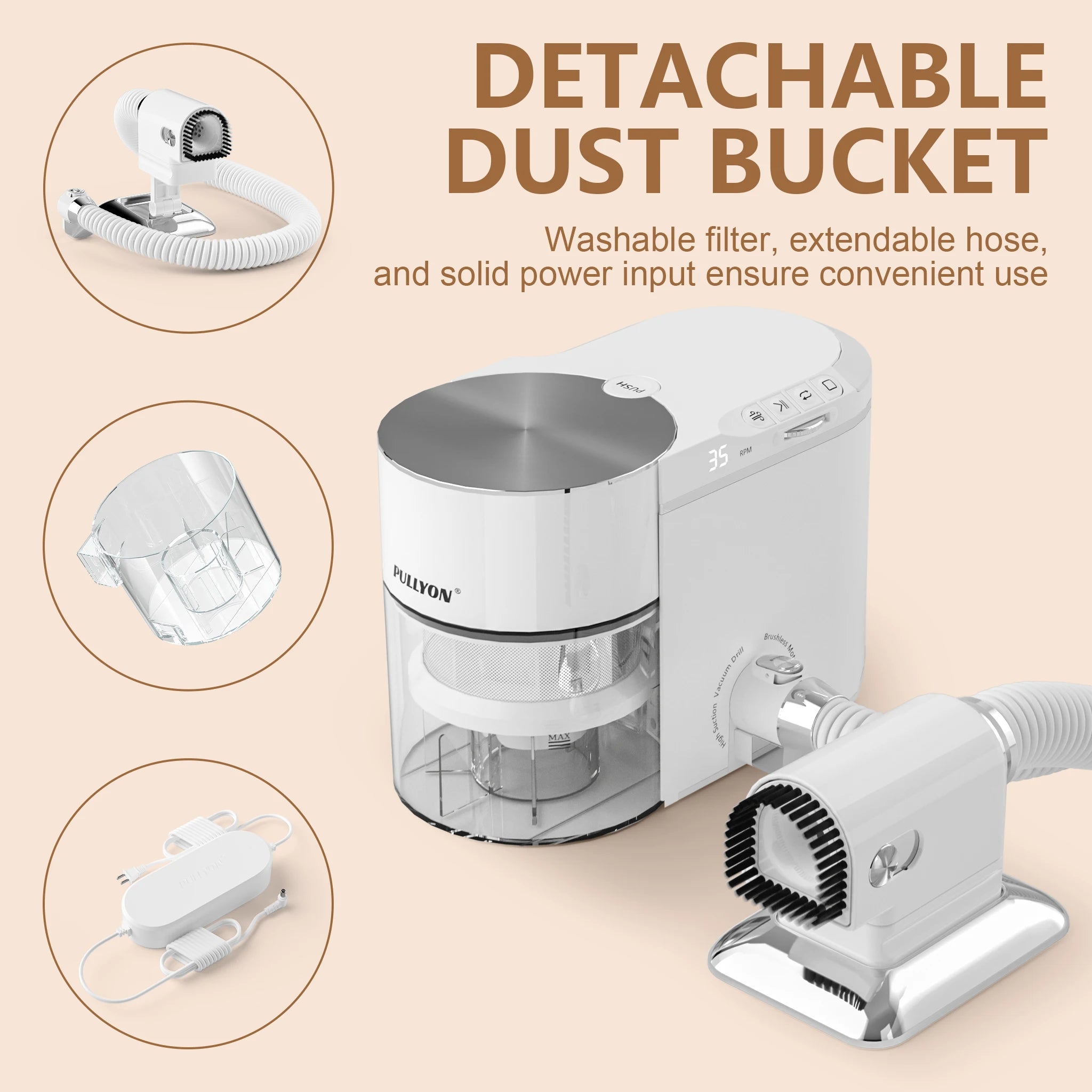 White mini nail art vacuum with detachable dust bucket, washable filter, extendable suction hose, and power adapter.