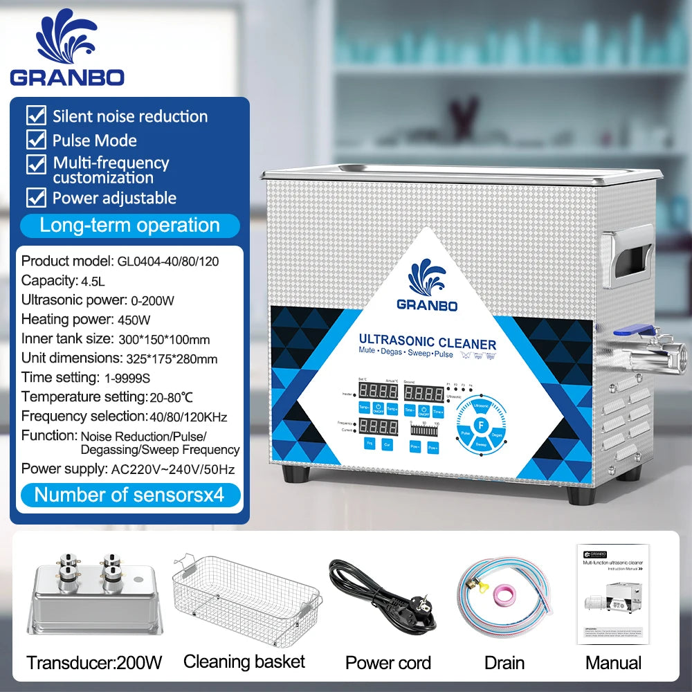 Tidesmit 4.5L 200W ultrasonic cleaner showing multi-frequency 40-200KHz control panel and stainless steel interior