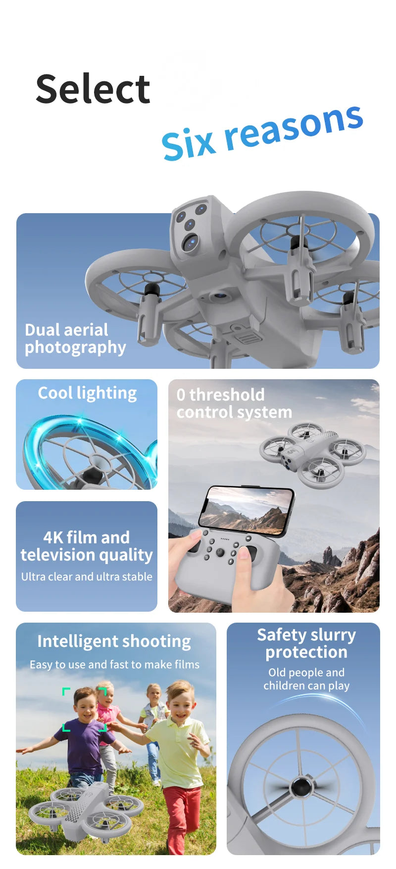 Grey, 4-propeller camera drone with enclosed safety guards, remote control, and features for aerial photography.