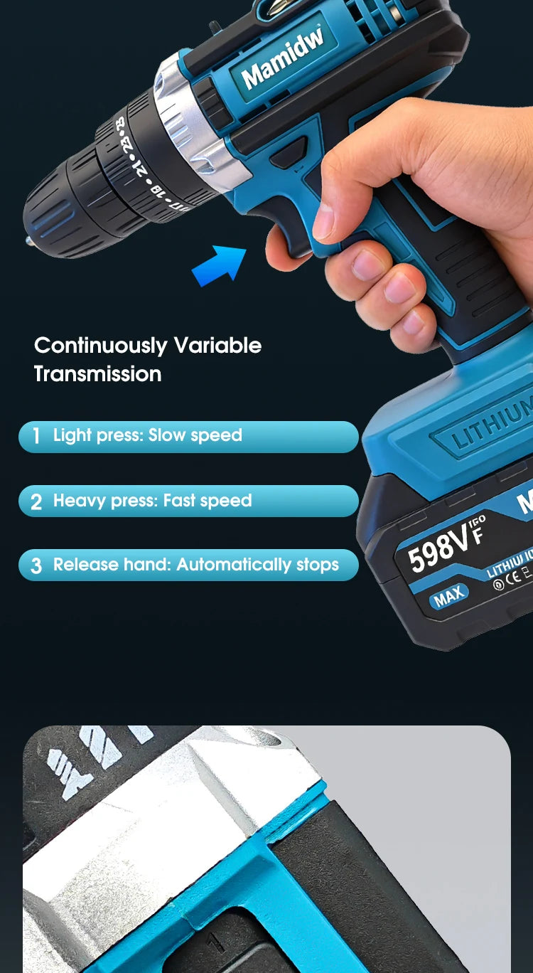 Mamidw 100N.m Industrial Cordless Drill Set, 3/8 Inch Keyless Chuck, LED Lighting, Practical Men Gift, Electric Drill, Compatible with Makita 18V Battery PIN.