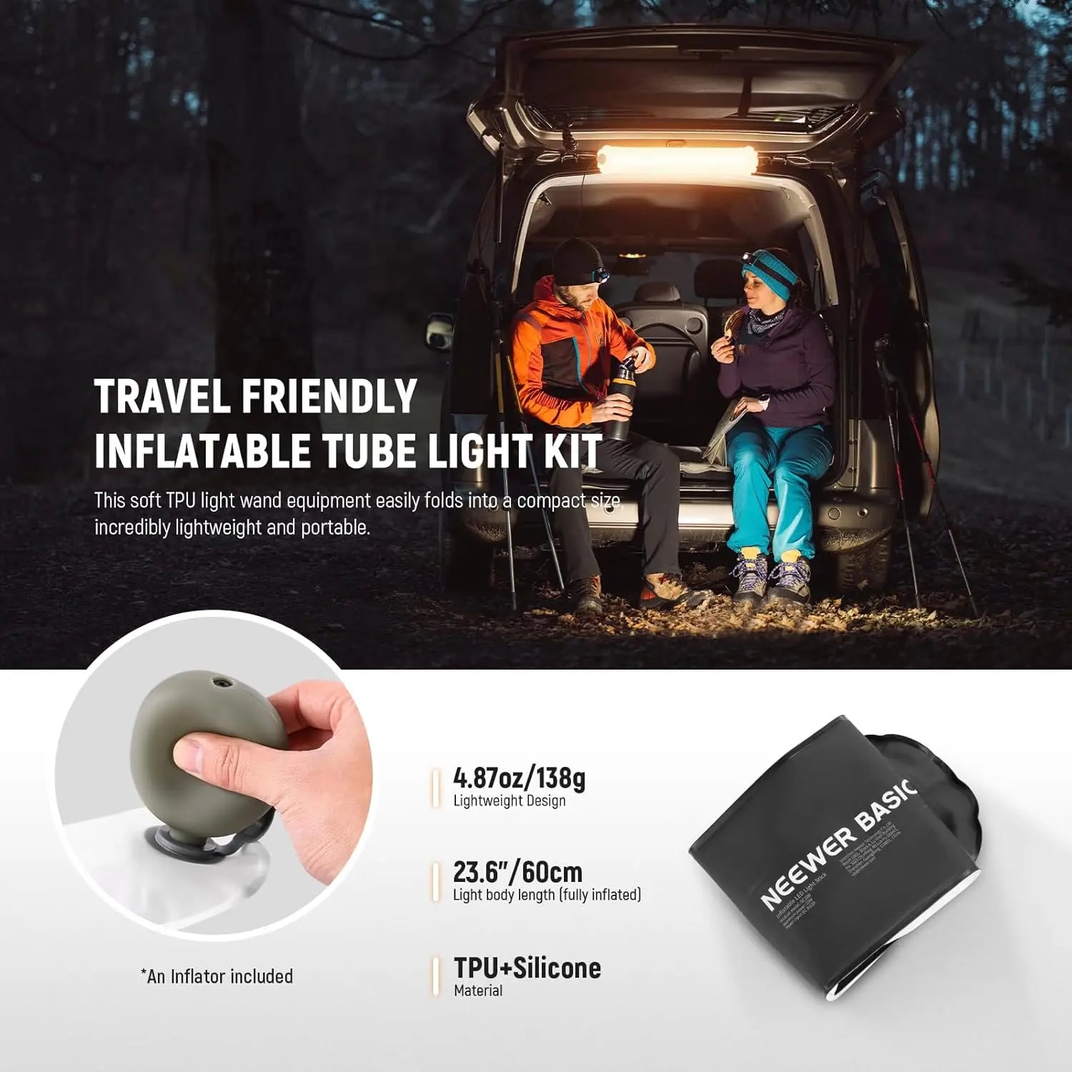 Portable, inflatable 23.6-inch TPU and silicone tube light for camping, shown with a compact inflator and folded design.