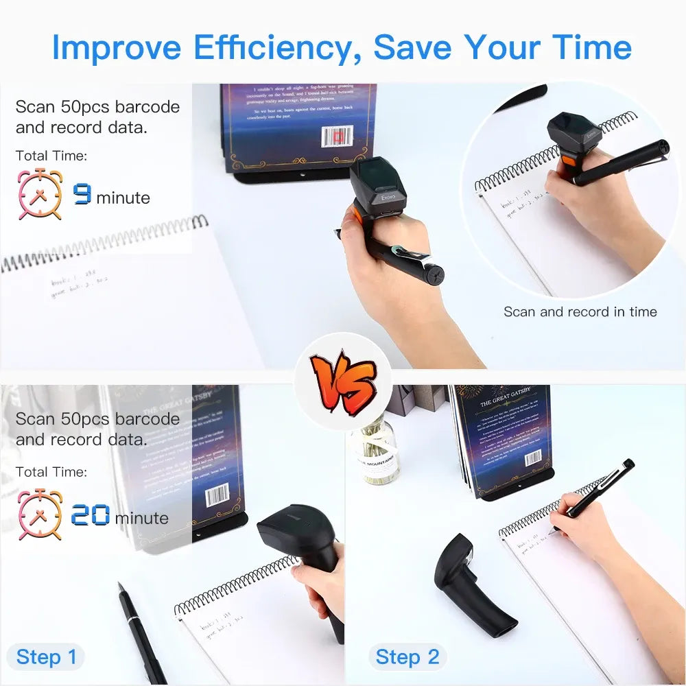 Wearable ring barcode scanner in black with orange button, hand holding near notes